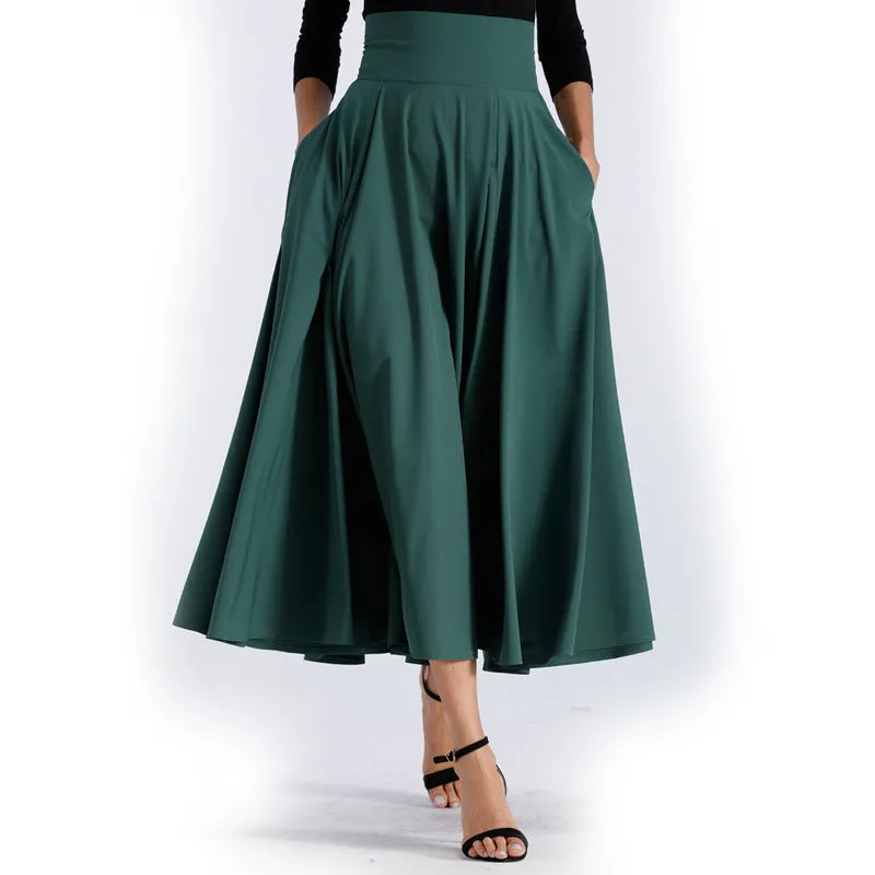 Back Straps Bowknot High Waist Long Swing Skirt with Pockets