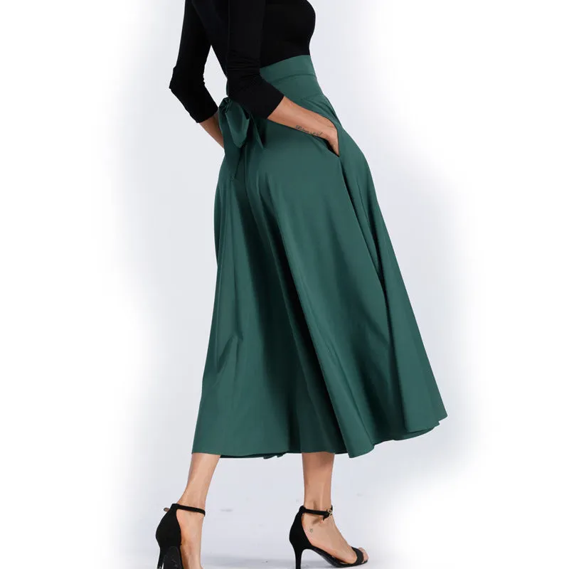 Back Straps Bowknot High Waist Long Swing Skirt with Pockets