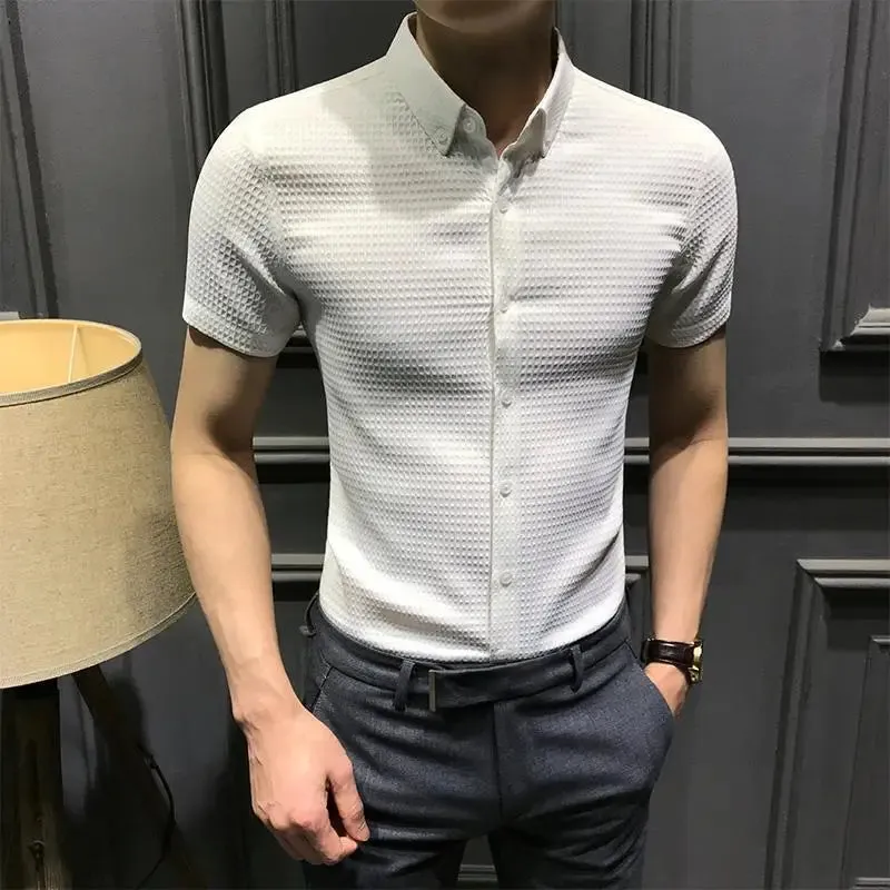 Bonsir Business Casual Men Shirts Summer New Lapel Solid Waffler Single Breasted Korean Fashion Office Social Short Sleeve Slim Tops