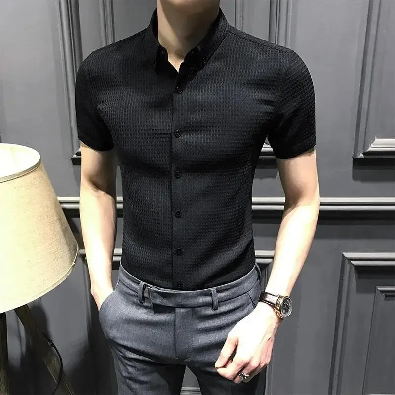 Bonsir Business Casual Men Shirts Summer New Lapel Solid Waffler Single Breasted Korean Fashion Office Social Short Sleeve Slim Tops