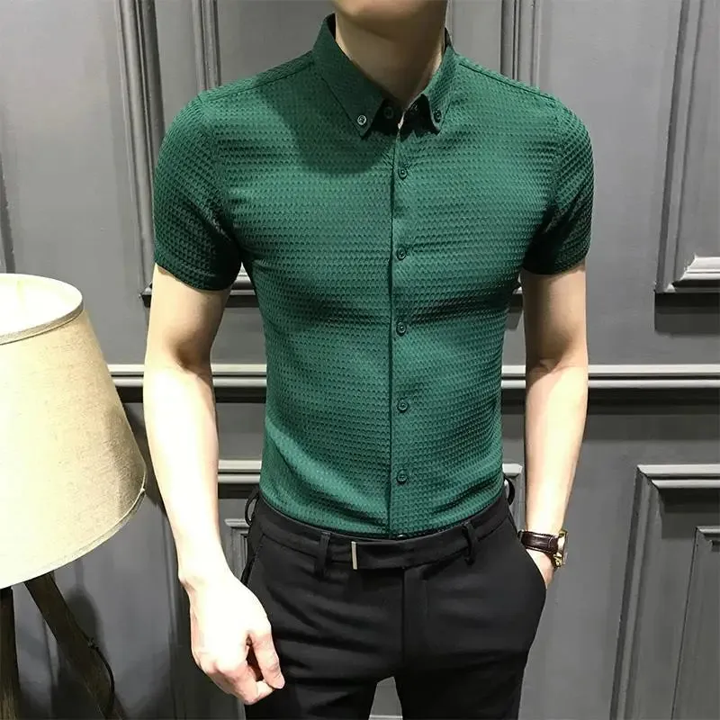 Bonsir Business Casual Men Shirts Summer New Lapel Solid Waffler Single Breasted Korean Fashion Office Social Short Sleeve Slim Tops