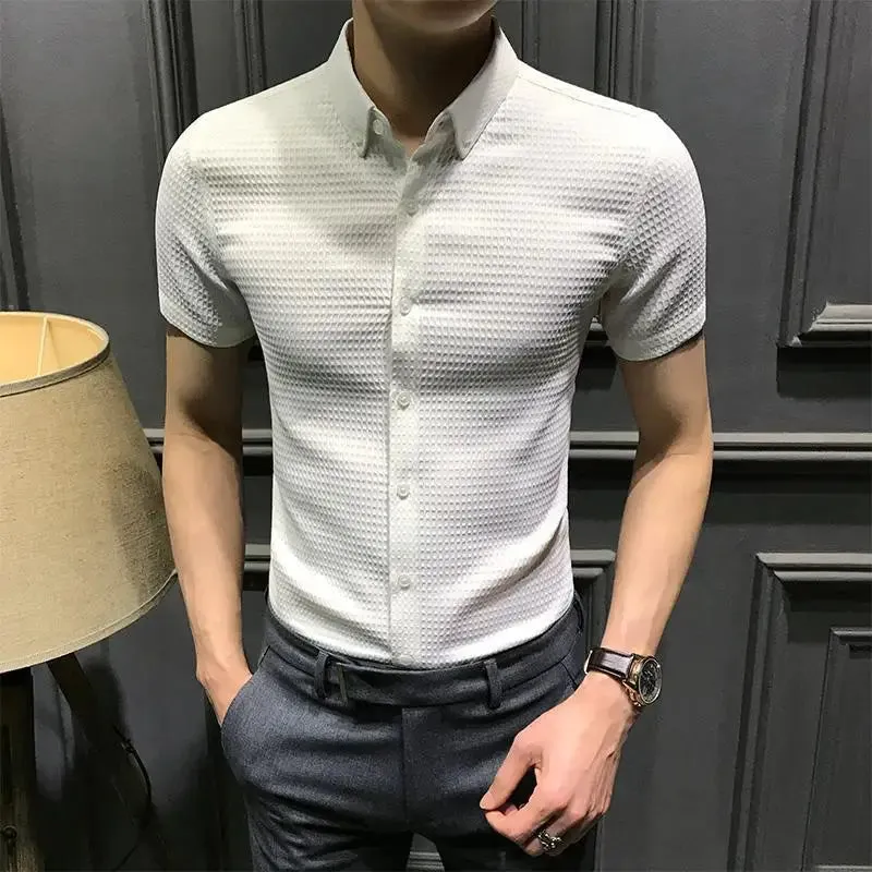 Bonsir Business Casual Men Shirts Summer New Lapel Solid Waffler Single Breasted Korean Fashion Office Social Short Sleeve Slim Tops