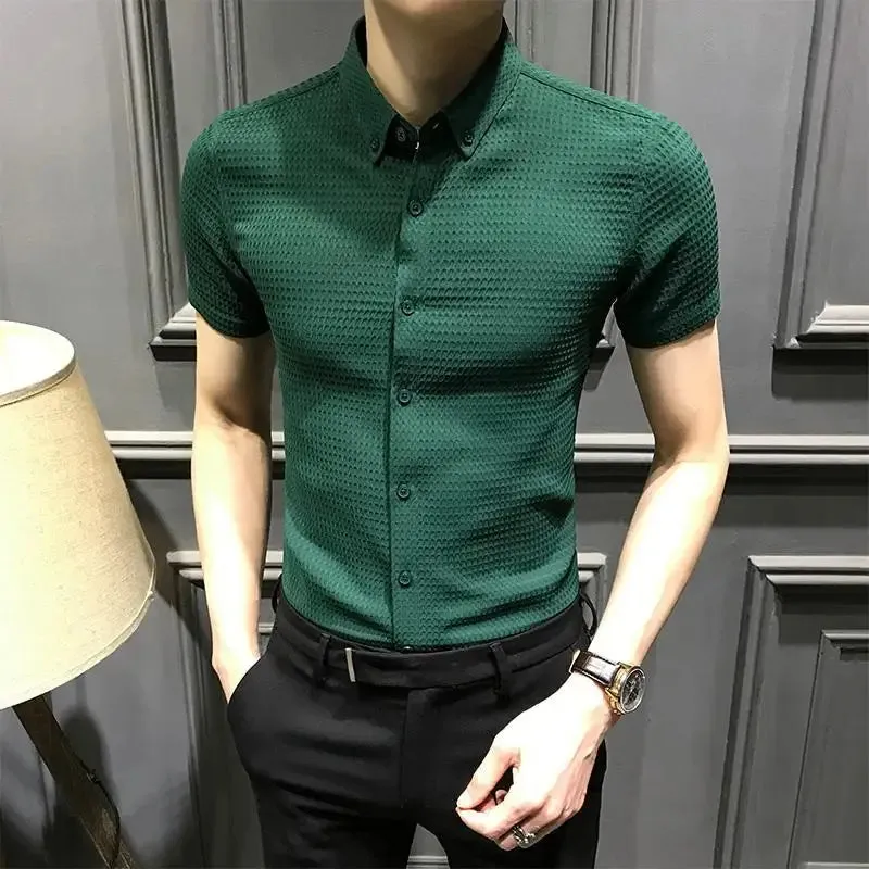 Bonsir Business Casual Men Shirts Summer New Lapel Solid Waffler Single Breasted Korean Fashion Office Social Short Sleeve Slim Tops