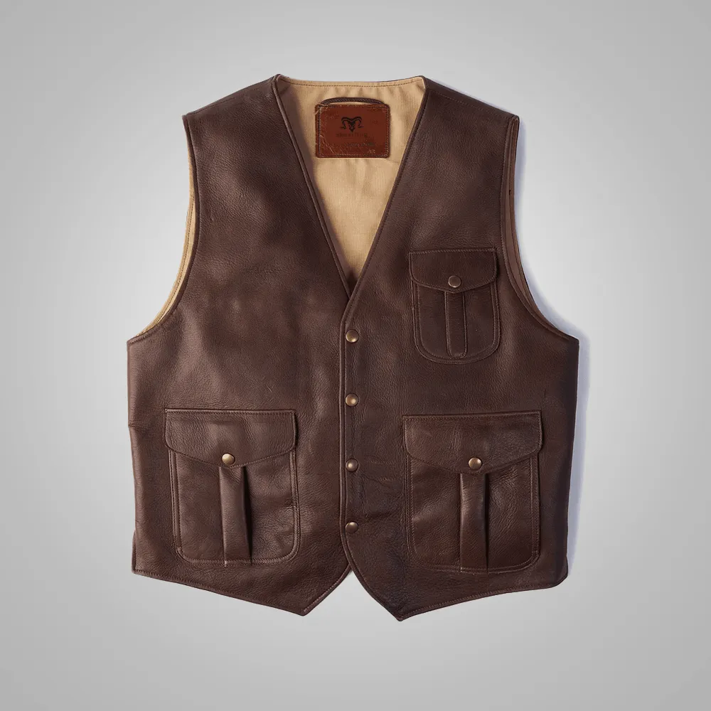 Brown Men Multi Pocket Stlye Buckskin Vest