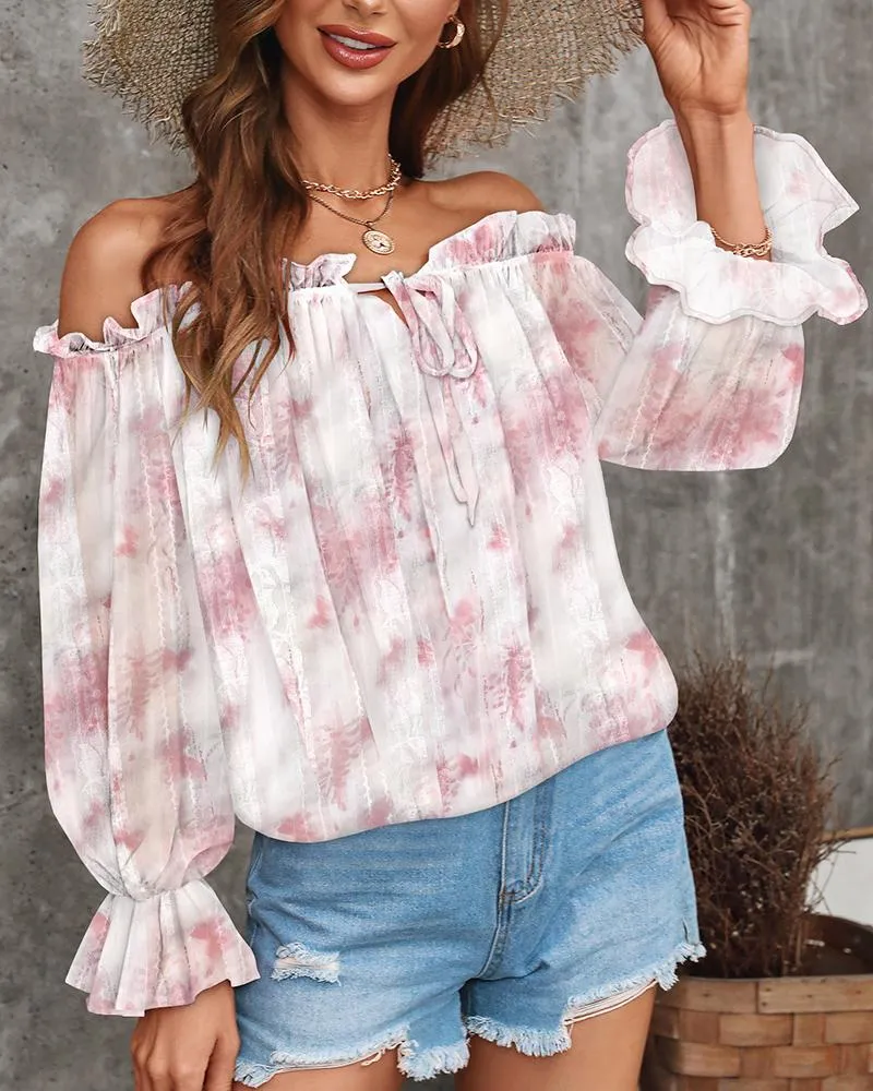 Butterfly Print Contrast Lace Off Shoulder Lantern Sleeve Tied Detail Blouse Casual Top