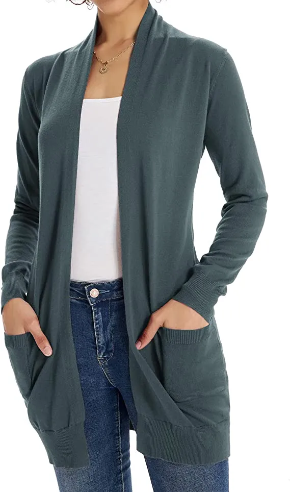 Cadet Gray Women Open Front Cardigan Sweaters Pockets Long Sleeve Shrugs - GRACE KARIN