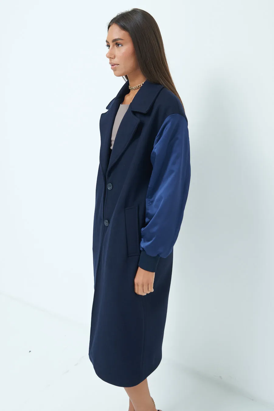 Contemporary longline coat with contrasting sleeves wholesale