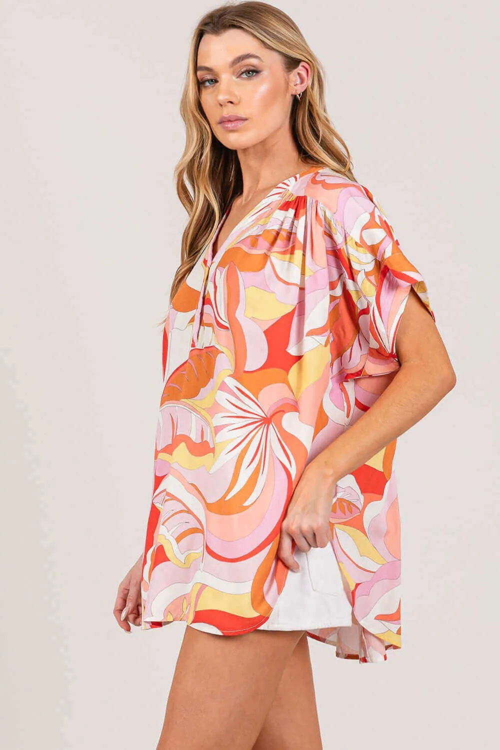 Coral Abstract Print Half Button Blouse