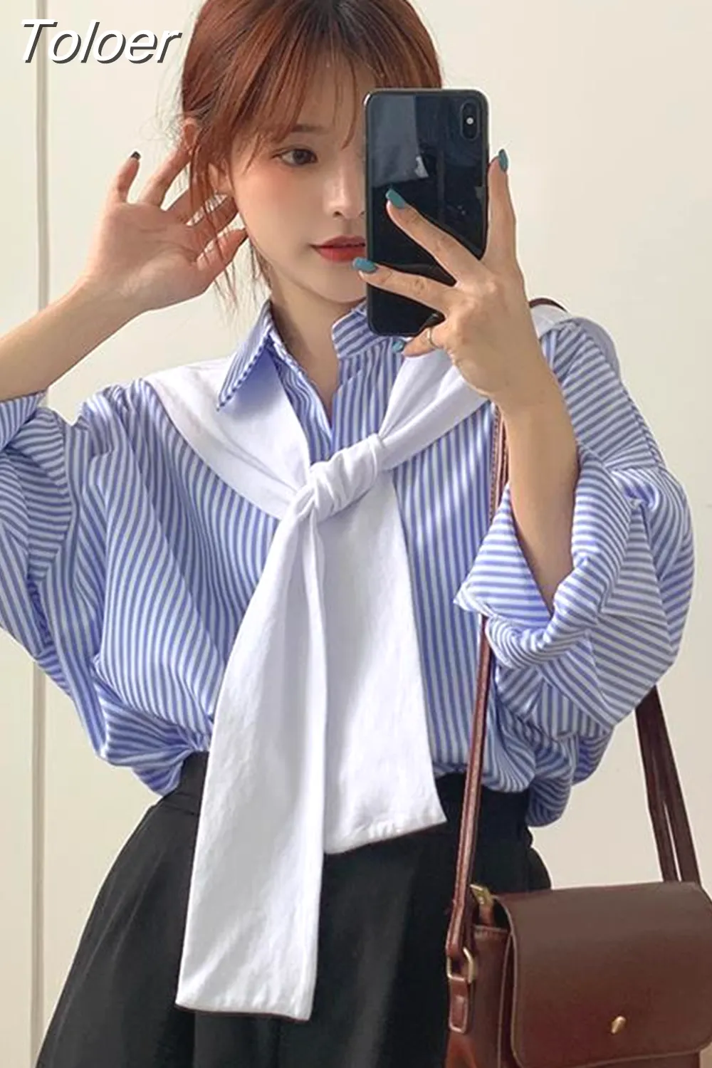 deanwangkt Blouses Shirts Women Blue Striped Elegant Loose Large Size Chic Fashion Scarf Collar New Leisure Womens Shirt Oversized