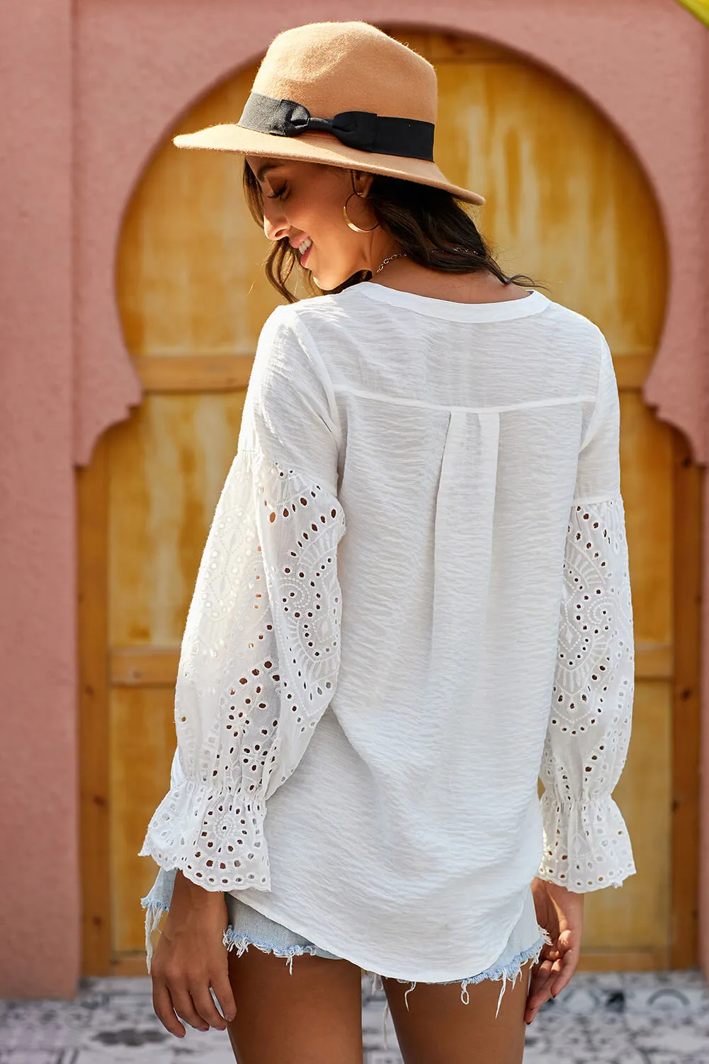 Eyelet Button Front Notched Neck Blouse