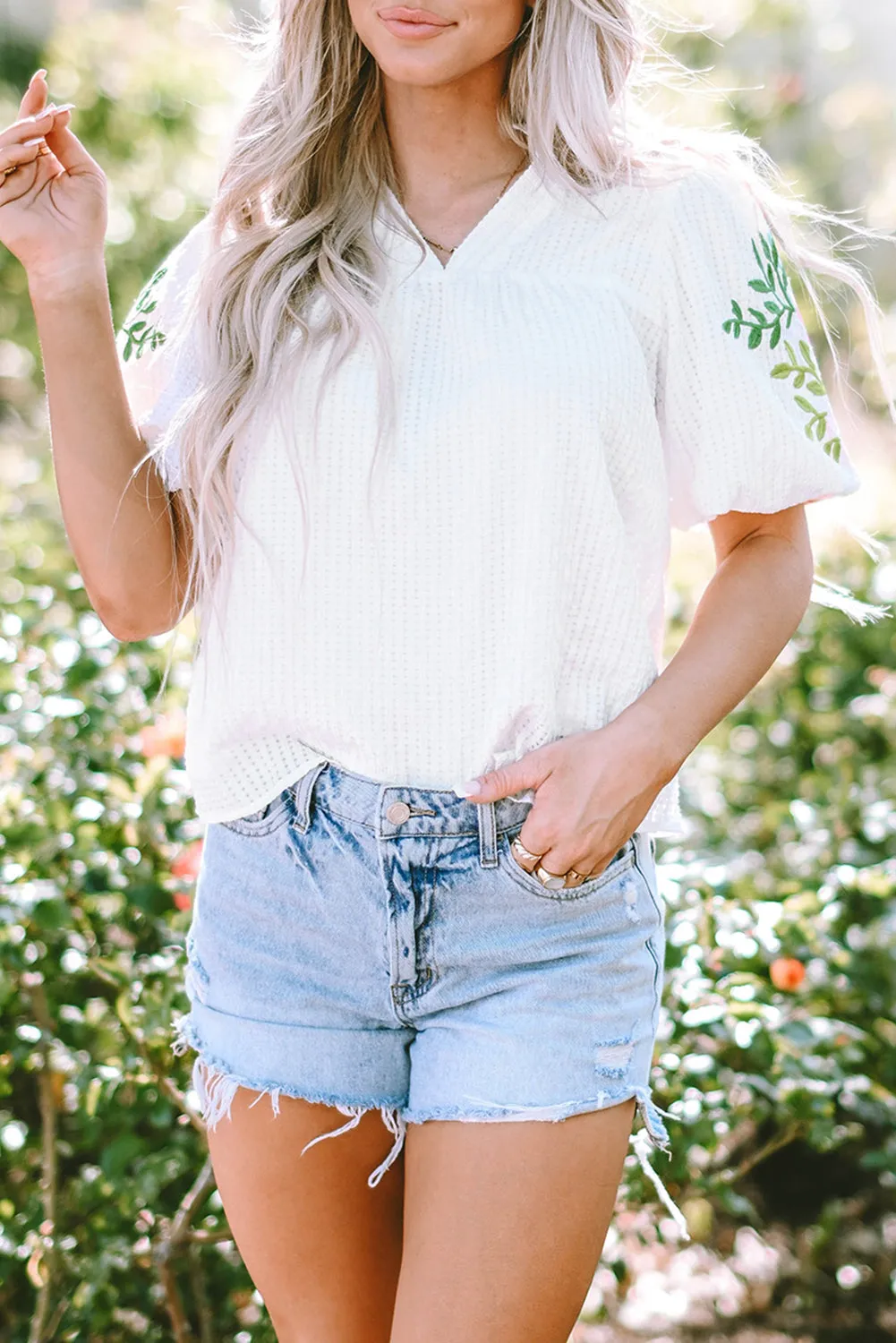 Floral Puff Sleeve Notched Blouse