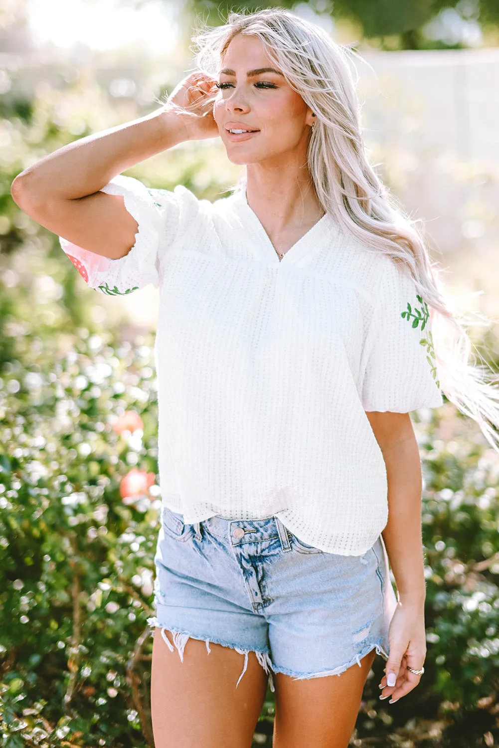 Floral Puff Sleeve Notched Blouse