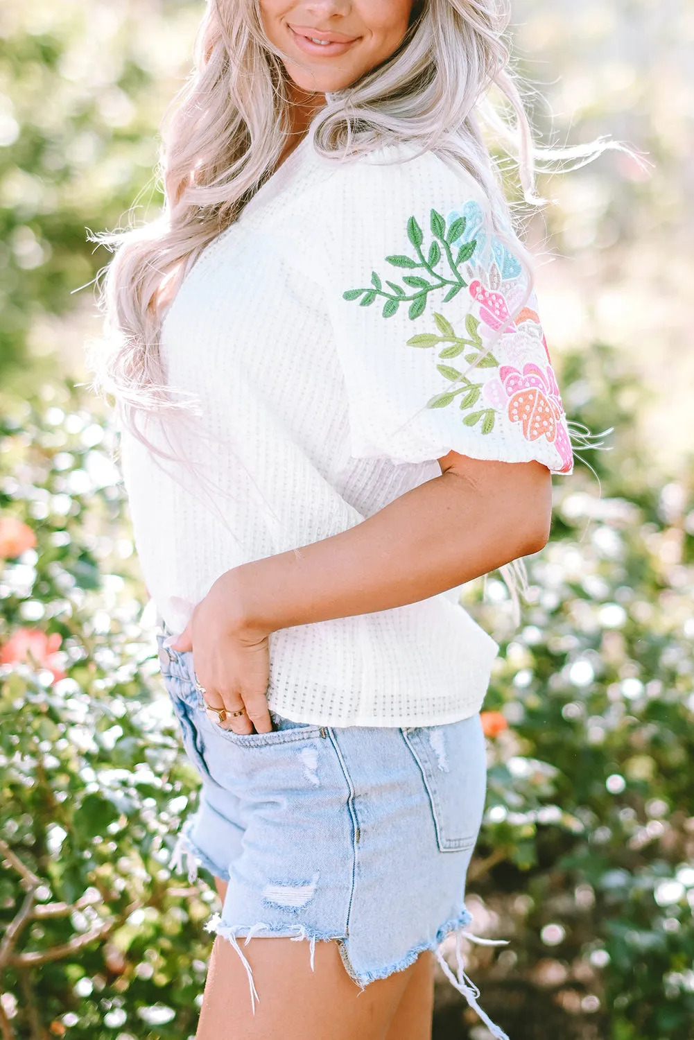 Floral Puff Sleeve Notched Blouse