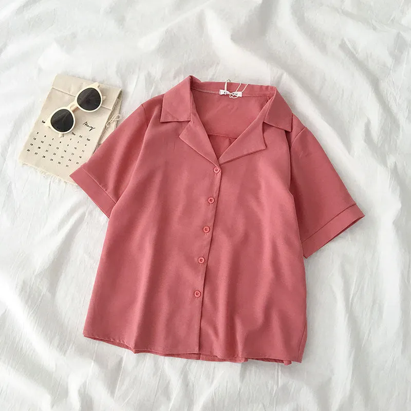 ins Popular Chiffon Shirt Summer Women Korean Niche Trendy Suit Collar Short Sleeve Blouse