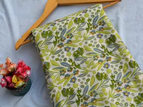 Leaf Green Floral Foil Digital Printed Slub Cotton Fabric