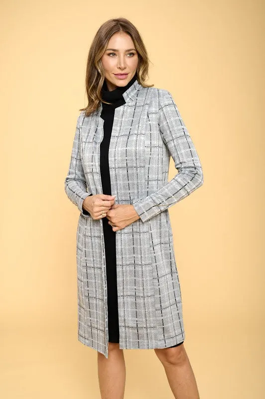 Luxe Plaid Grey Long Sleeve Open Coat