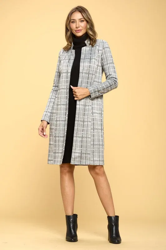 Luxe Plaid Grey Long Sleeve Open Coat