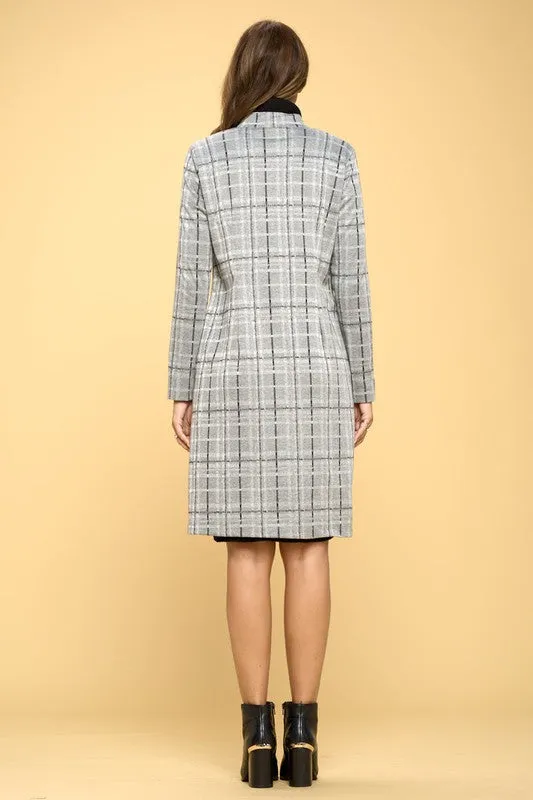 Luxe Plaid Grey Long Sleeve Open Coat