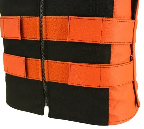 Made in USA Leather & Cordura Zippered Motorcycle Vest Orange & Black