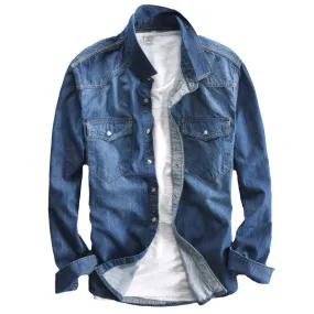 Men's long-sleeved solid denim shirt fashion brand Classic retro denim Pocket decoration Business shirt Spring and Autumn Tops