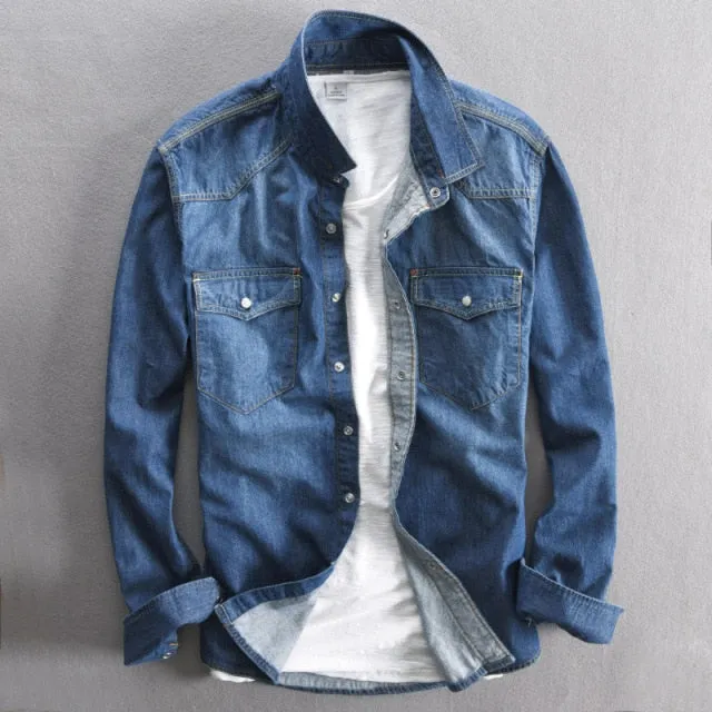 Men's long-sleeved solid denim shirt fashion brand Classic retro denim Pocket decoration Business shirt Spring and Autumn Tops