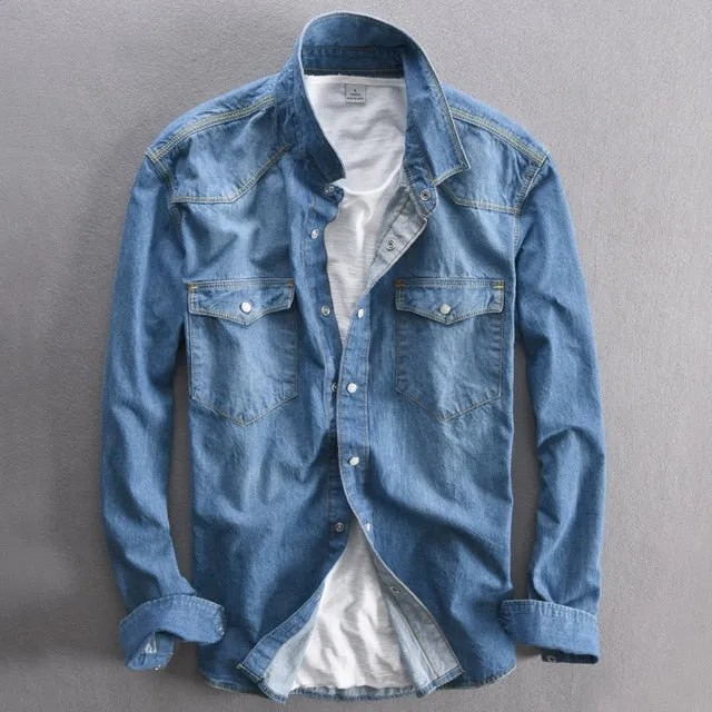 Men's long-sleeved solid denim shirt fashion brand Classic retro denim Pocket decoration Business shirt Spring and Autumn Tops