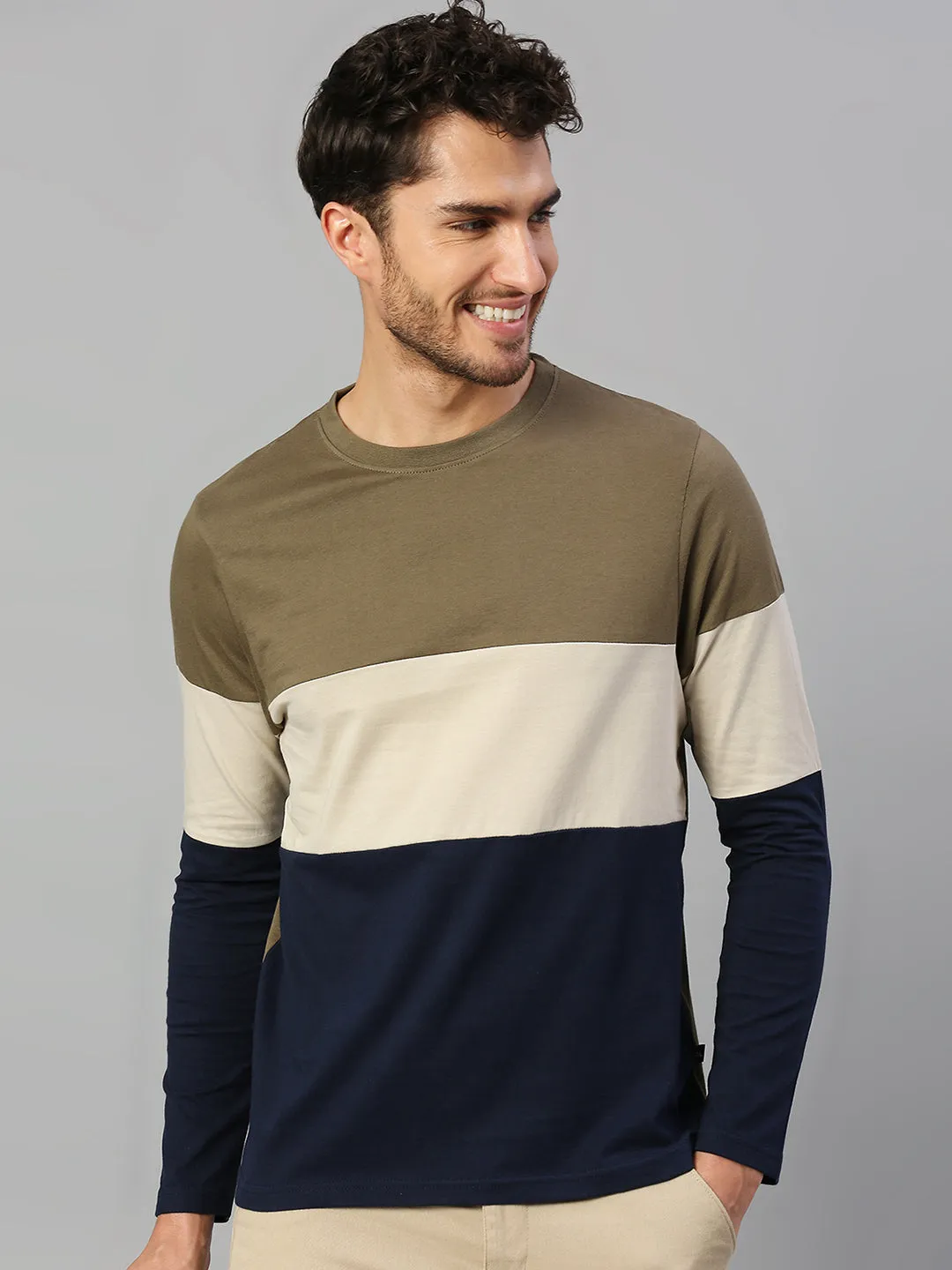 Men's Pure Cotton Color Block Full Sleeves Crew Neck T-Shirt (Olive)