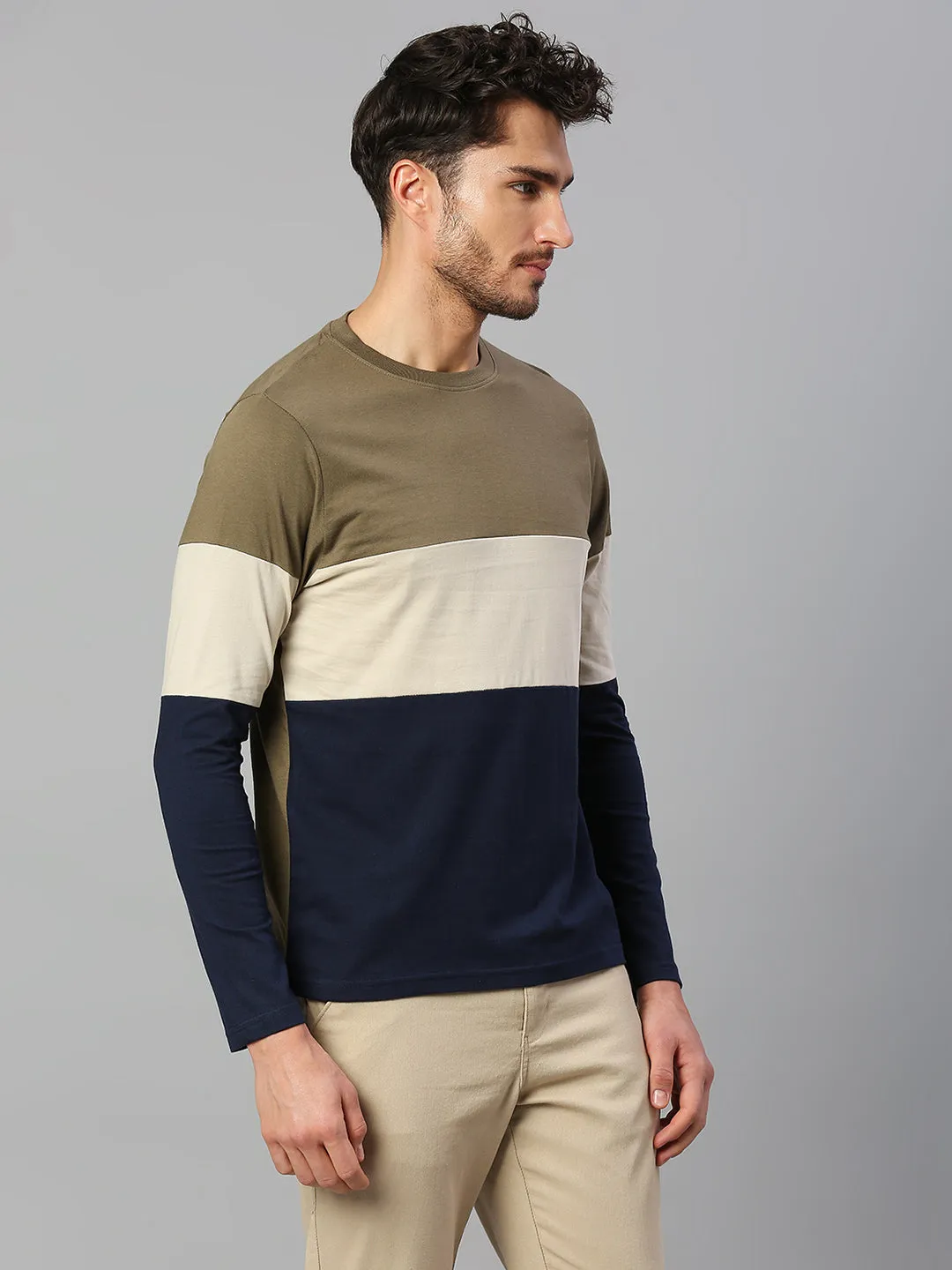 Men's Pure Cotton Color Block Full Sleeves Crew Neck T-Shirt (Olive)