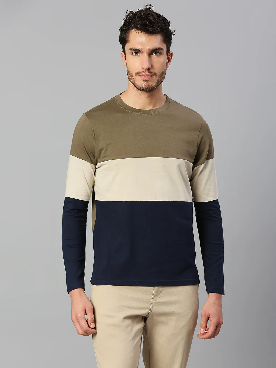 Men's Pure Cotton Color Block Full Sleeves Crew Neck T-Shirt (Olive)