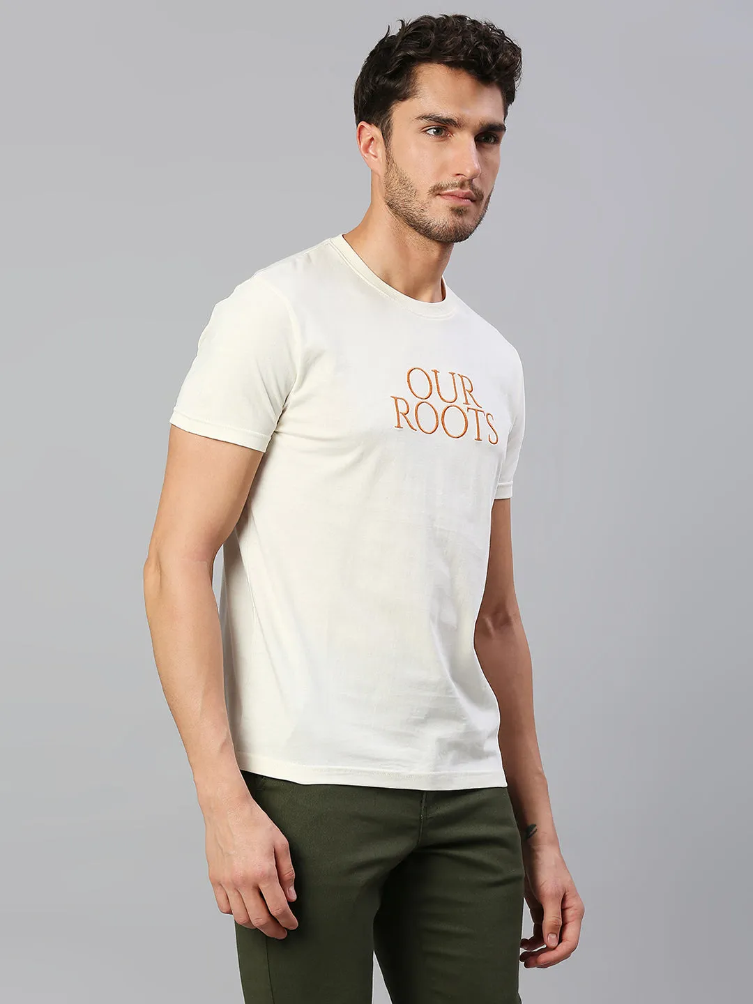 Men's Pure Cotton Embroidered Half Sleeves Casual T-Shirt (Off White)