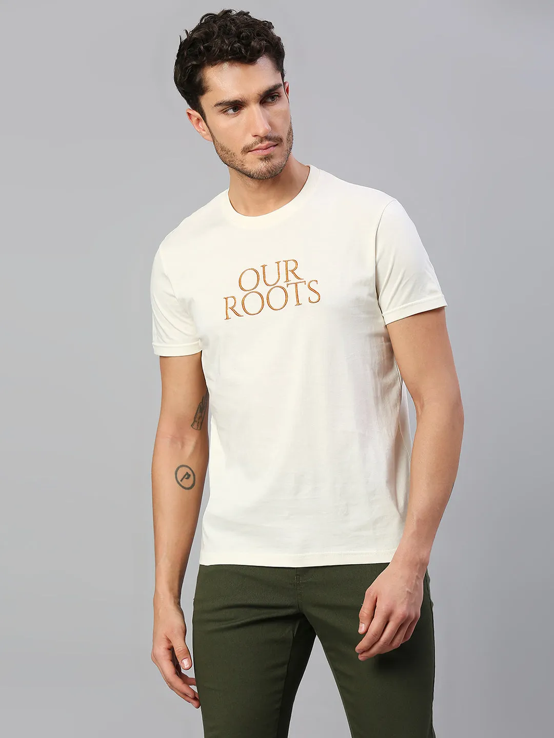 Men's Pure Cotton Embroidered Half Sleeves Casual T-Shirt (Off White)