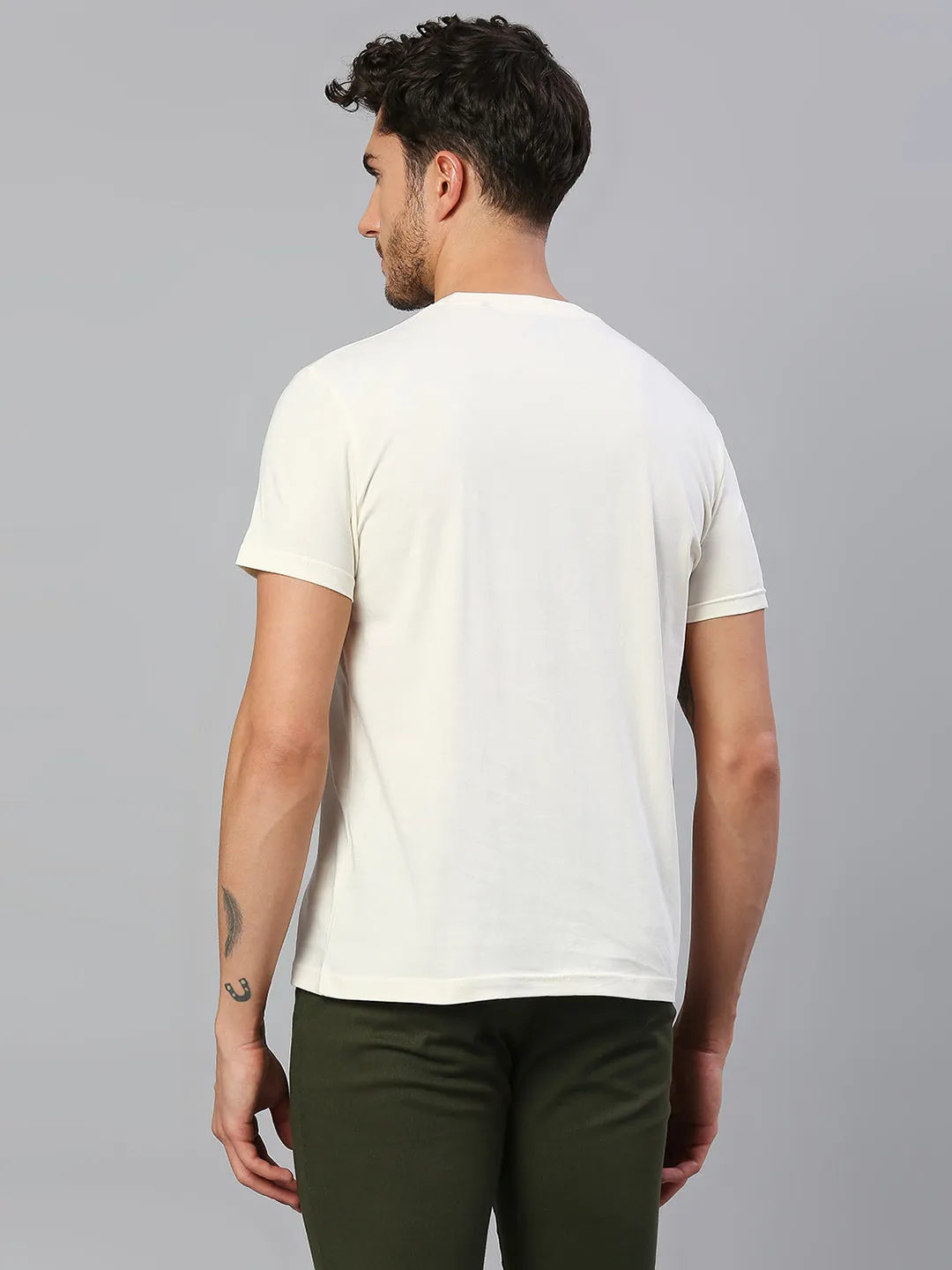 Men's Pure Cotton Embroidered Half Sleeves Casual T-Shirt (Off White)