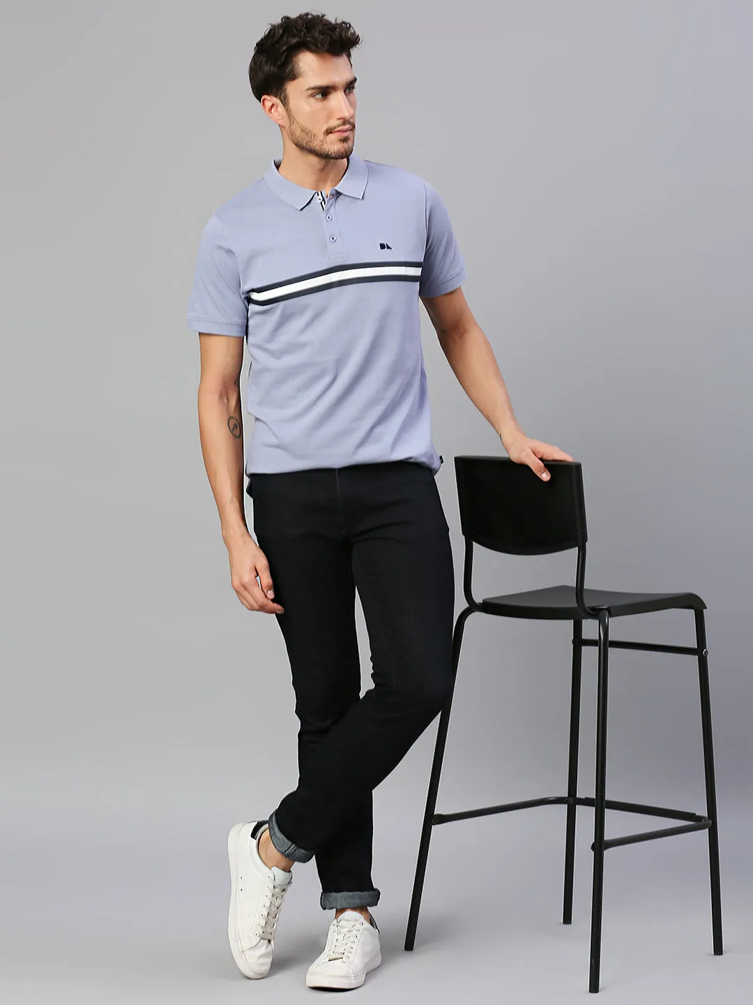 Men's Pure Cotton Striped Half Sleeves Polo T-Shirt (Light Blue)