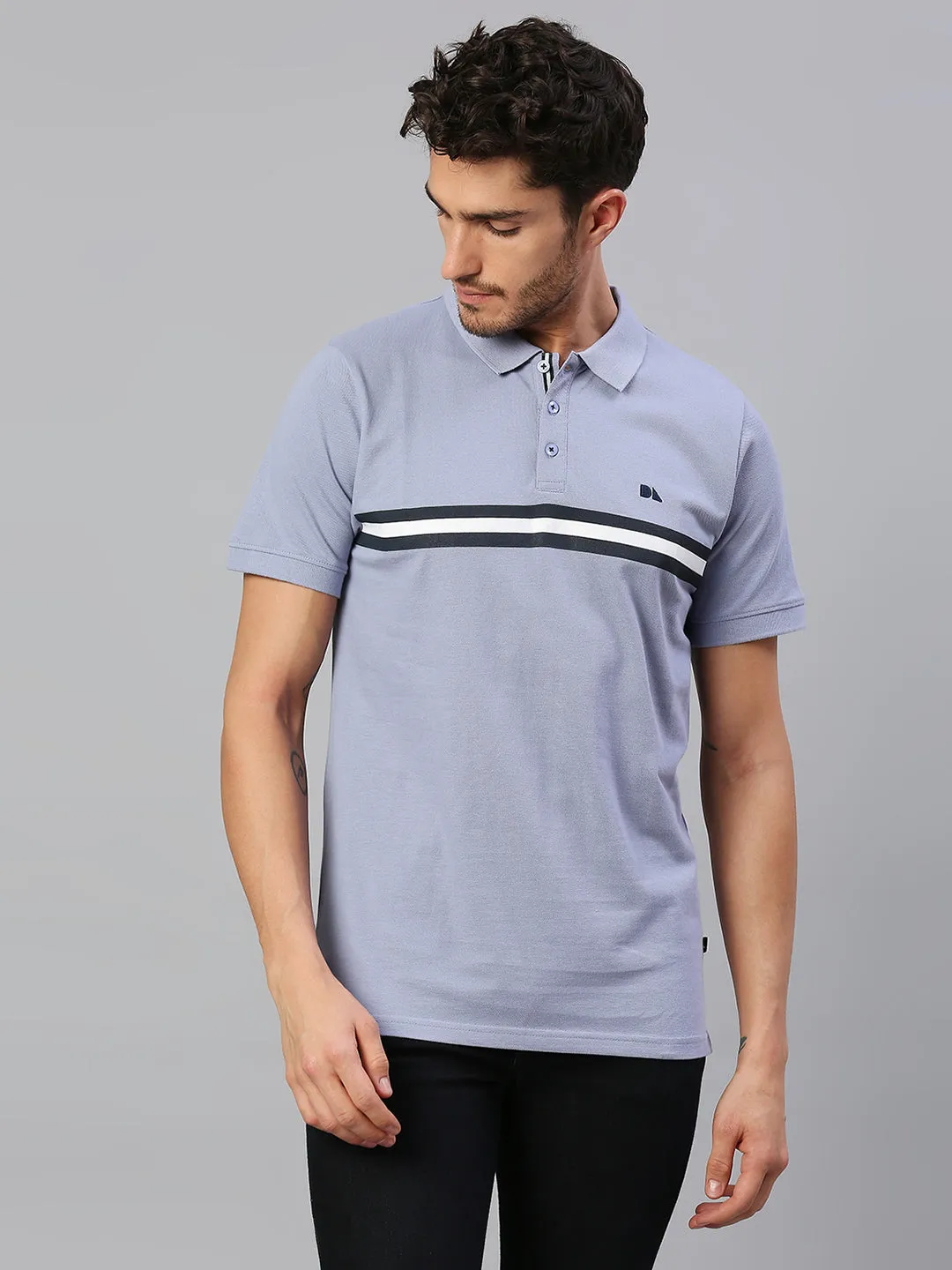 Men's Pure Cotton Striped Half Sleeves Polo T-Shirt (Light Blue)