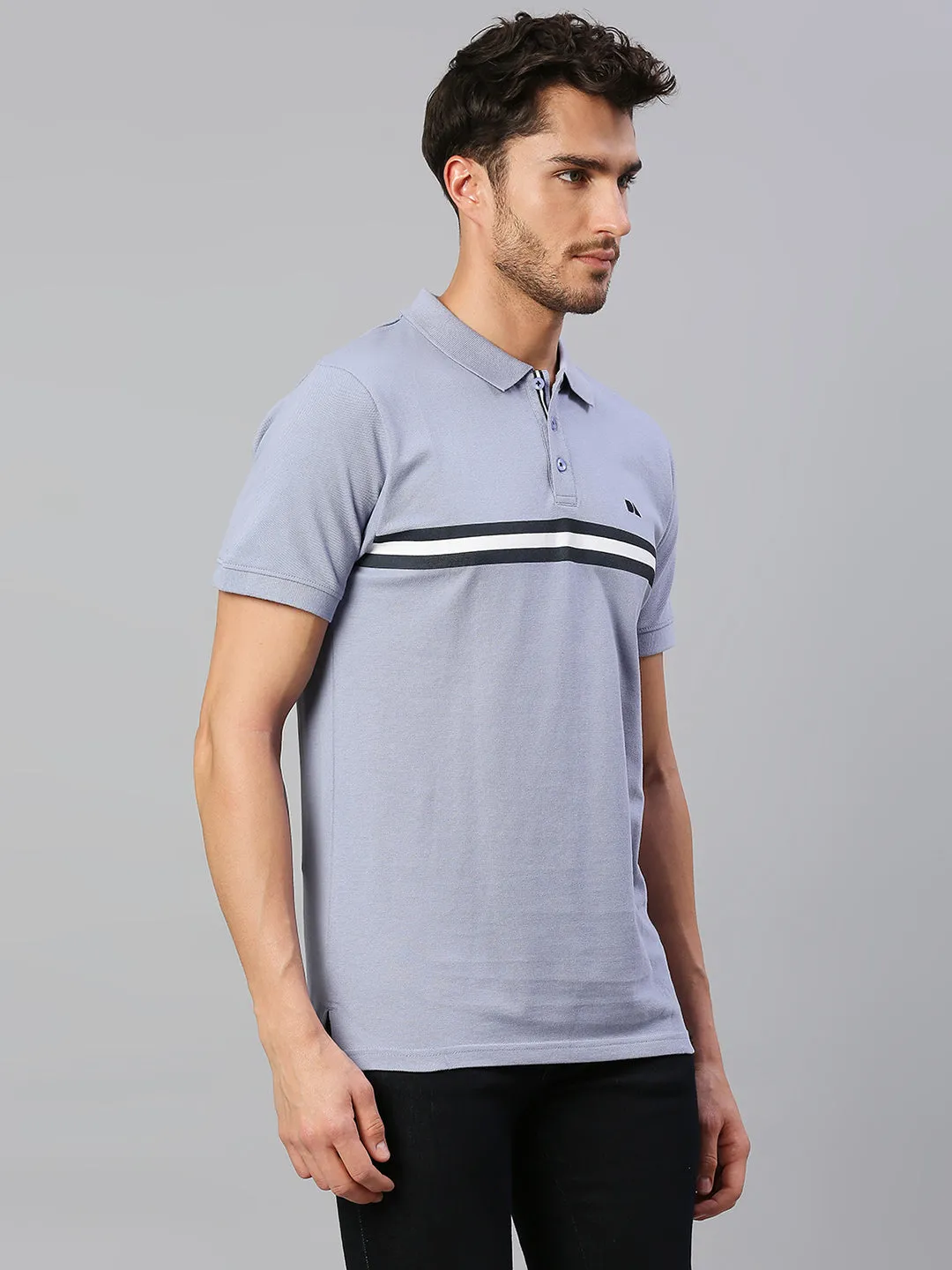 Men's Pure Cotton Striped Half Sleeves Polo T-Shirt (Light Blue)