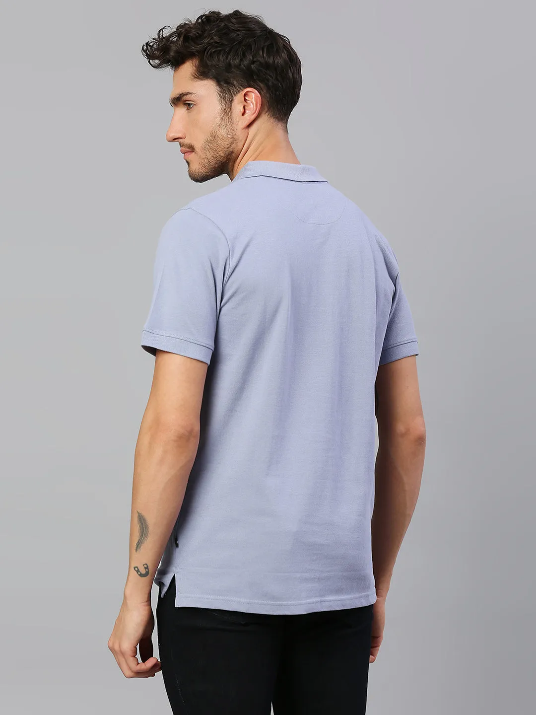 Men's Pure Cotton Striped Half Sleeves Polo T-Shirt (Light Blue)