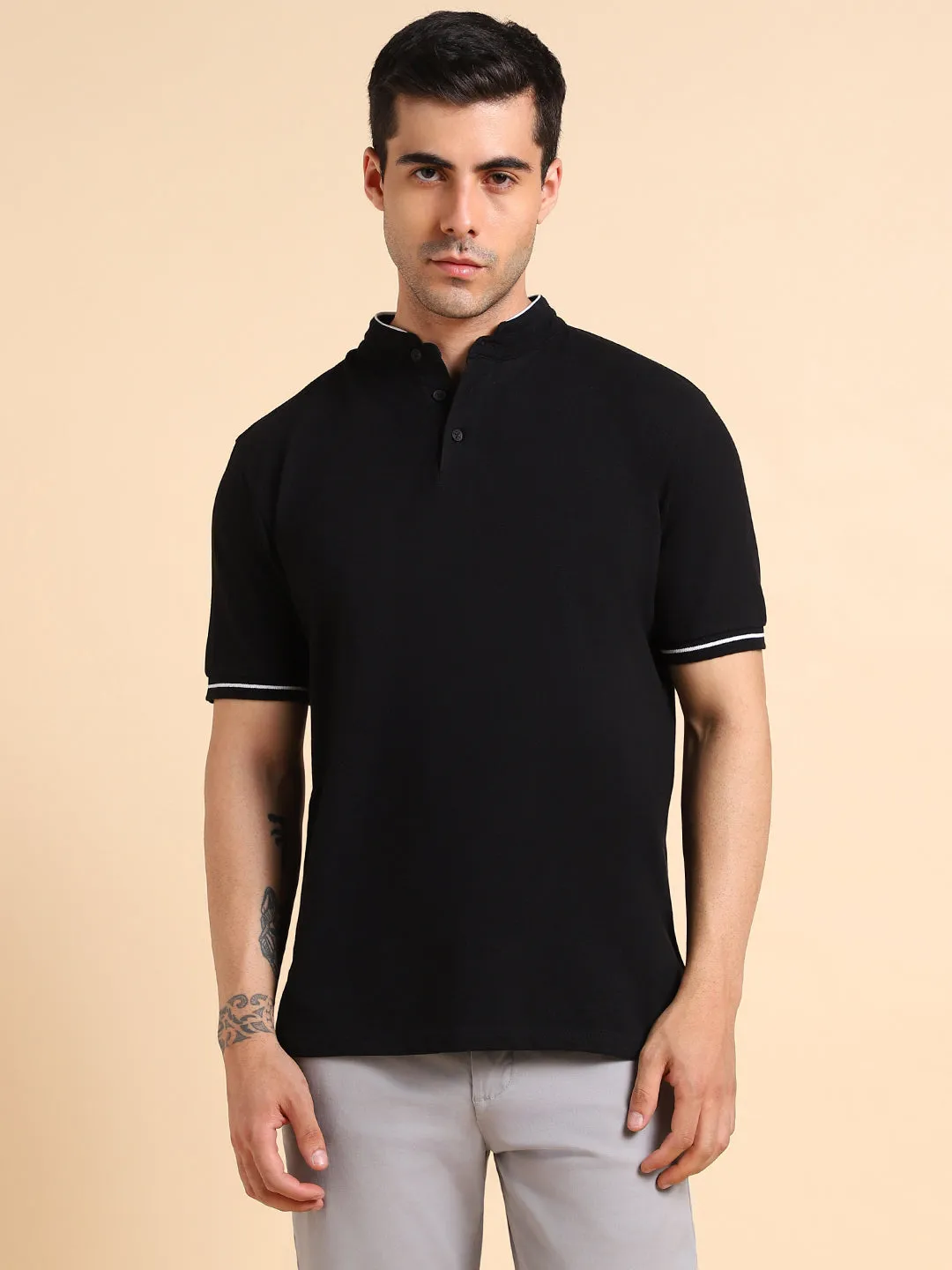 Men's Solid  Black Polo Collar T-shirt