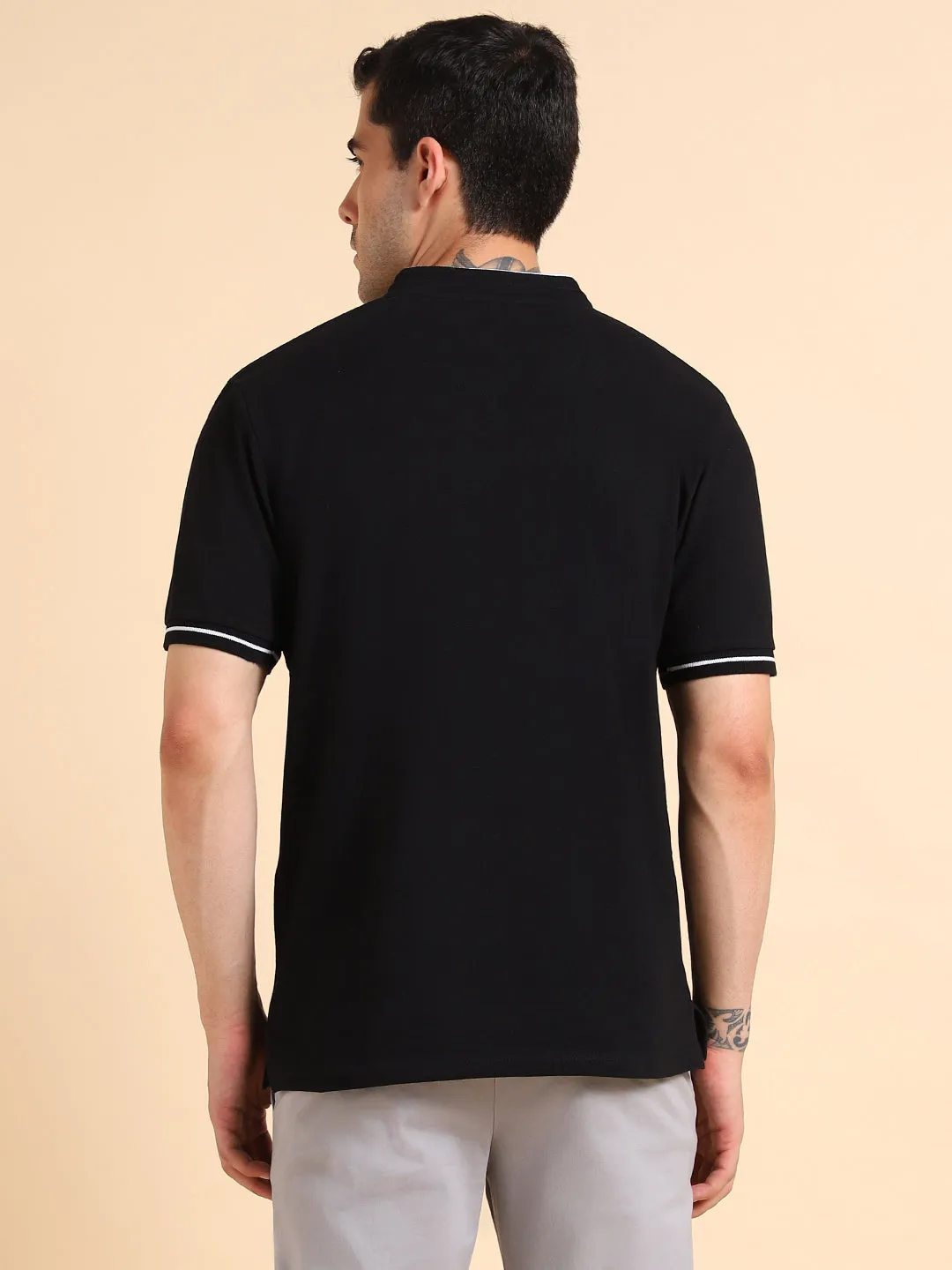 Men's Solid  Black Polo Collar T-shirt