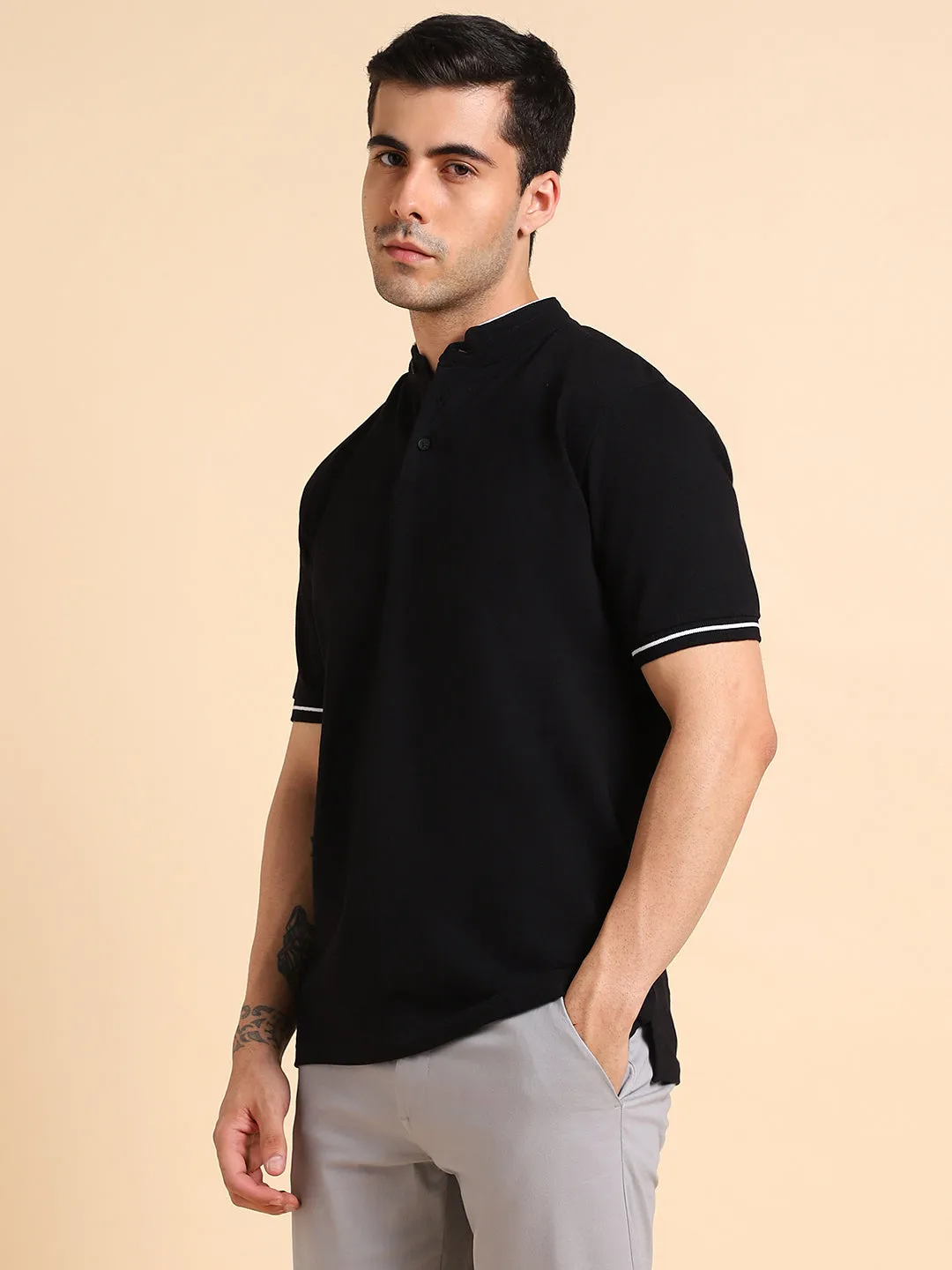 Men's Solid  Black Polo Collar T-shirt