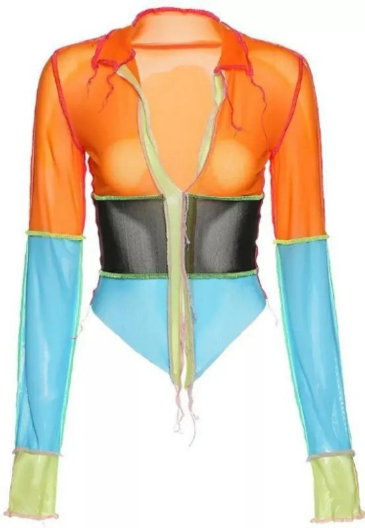 Multicolor Sheer Mesh Going out tops long sleeve shirt funky 90s trendy colorful see through orange black blue fray