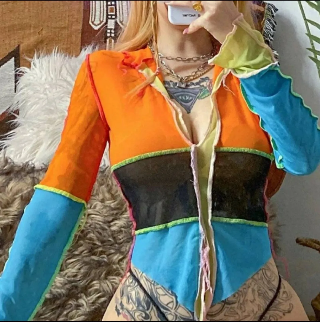 Multicolor Sheer Mesh Going out tops long sleeve shirt funky 90s trendy colorful see through orange black blue fray