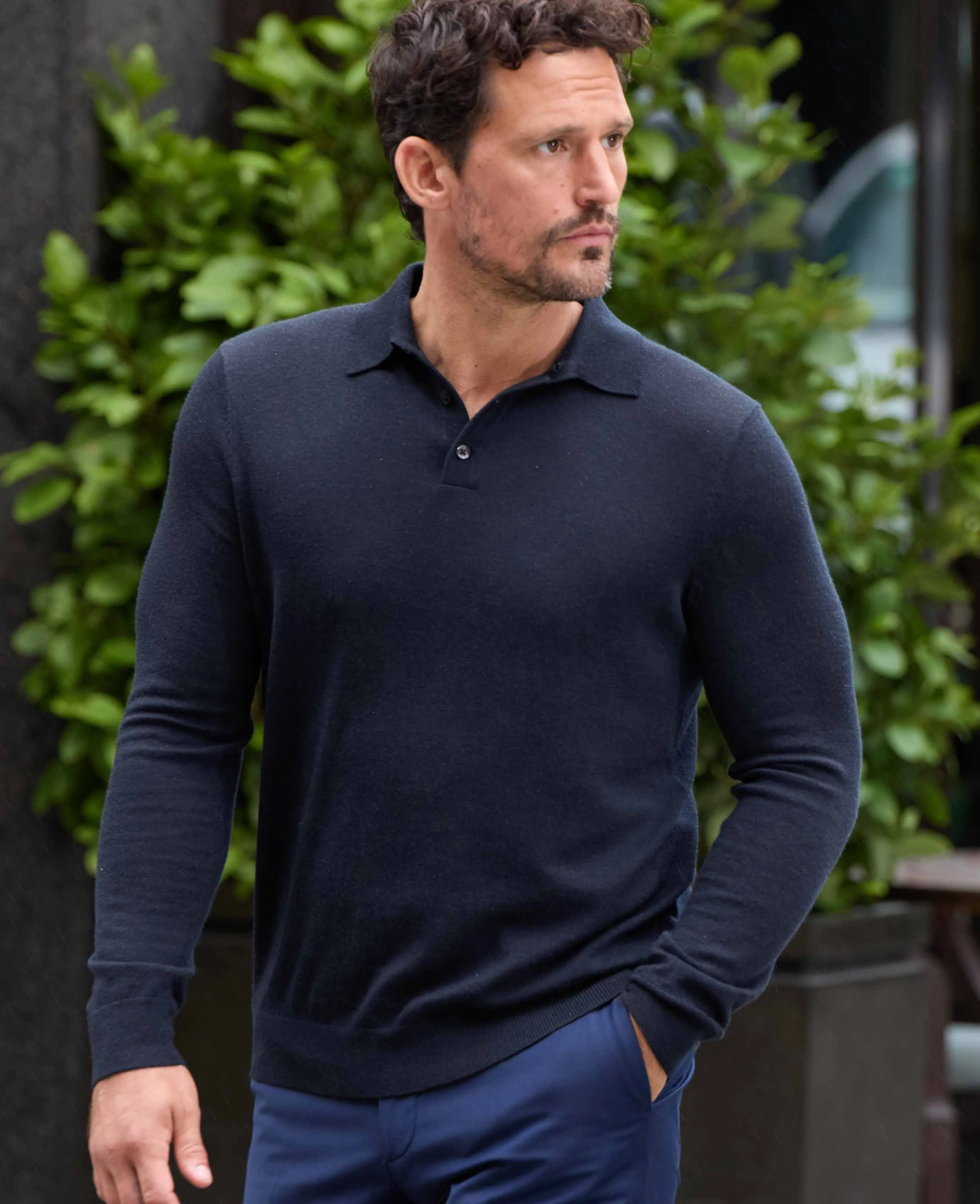 Navy Merino Wool Knitted Polo Shirt