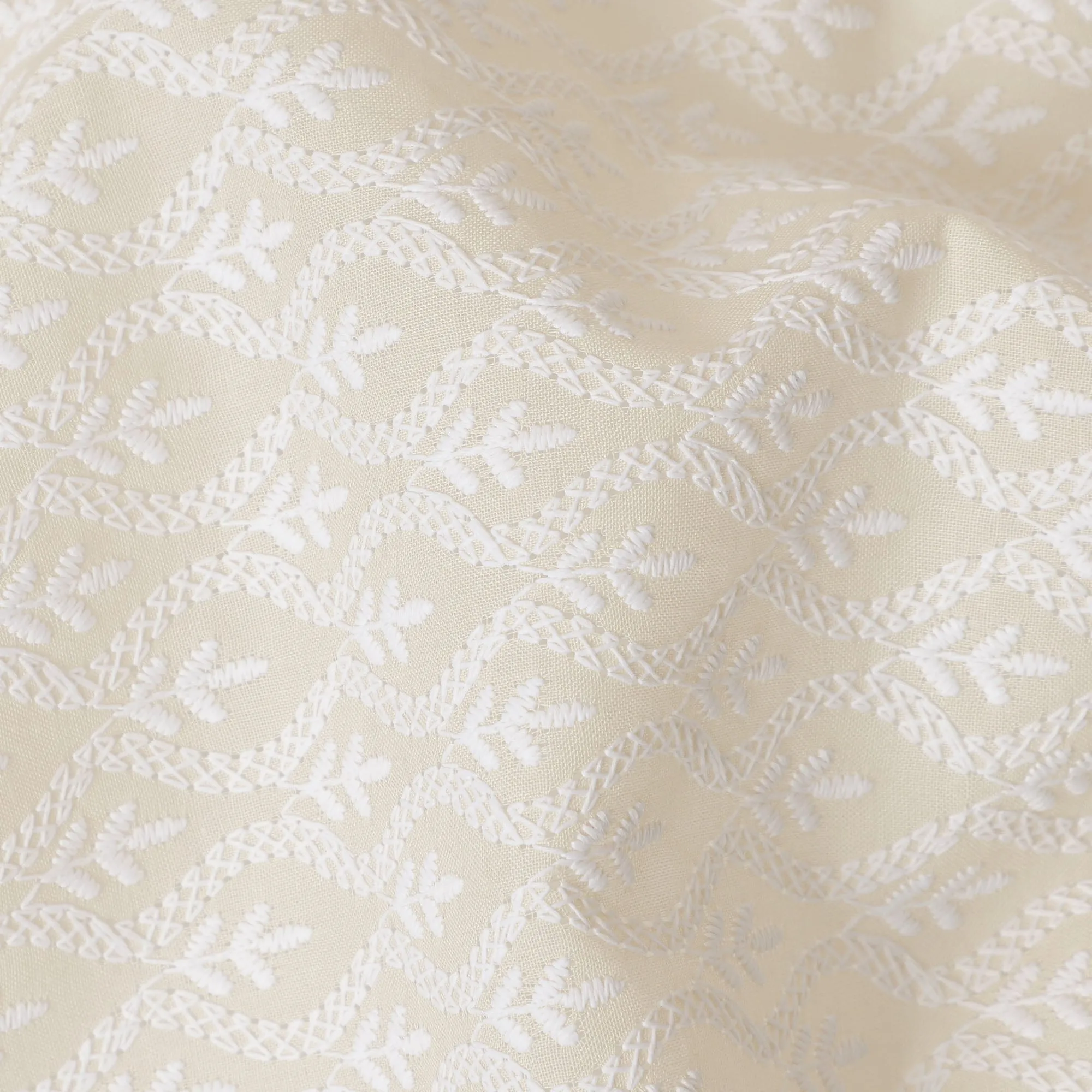 Off-White Cotton Lawn Fabric with Subtle White Embroidery, 110 cm Width-D20448