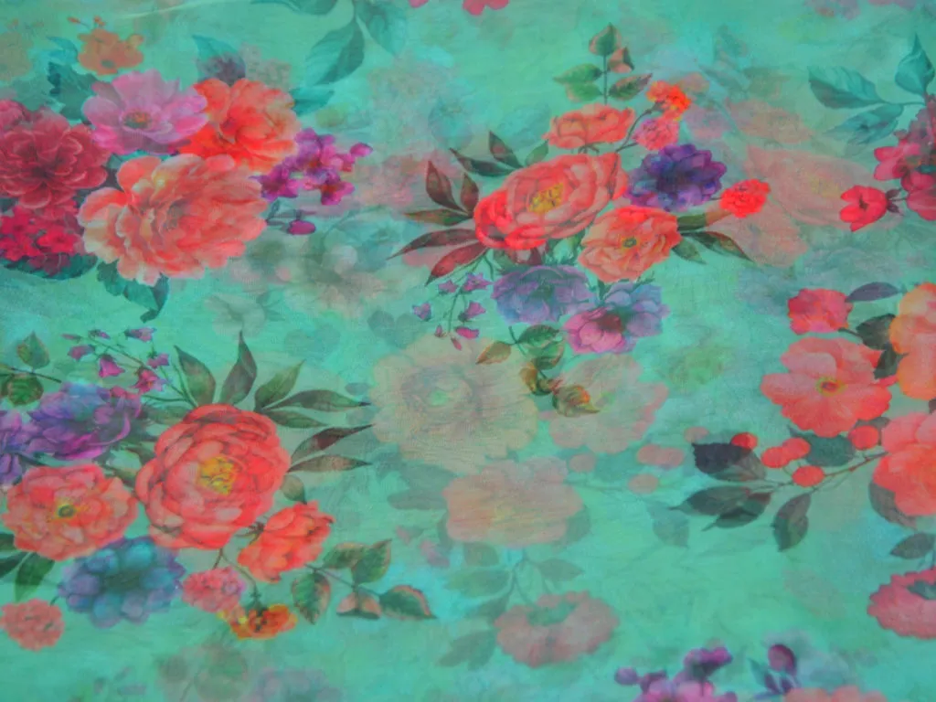 Precut of 1 Meter Teal Floral Digital Printed Semi Organza Fabric