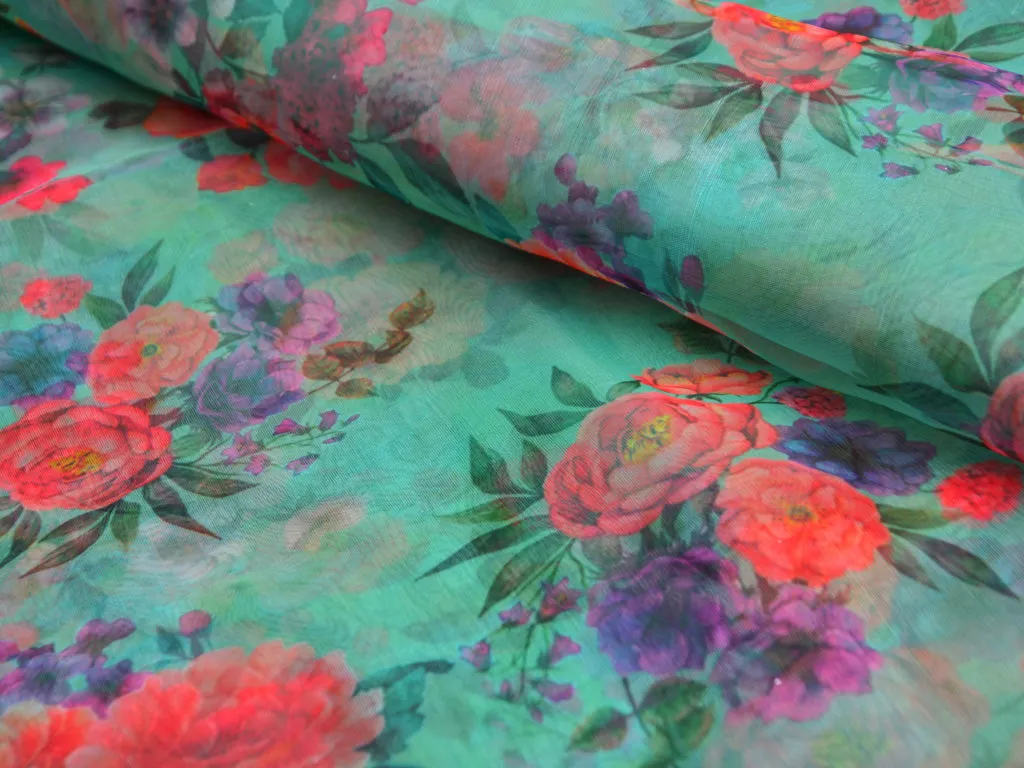 Precut of 1 Meter Teal Floral Digital Printed Semi Organza Fabric