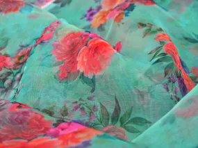 Precut of 1 Meter Teal Floral Digital Printed Semi Organza Fabric