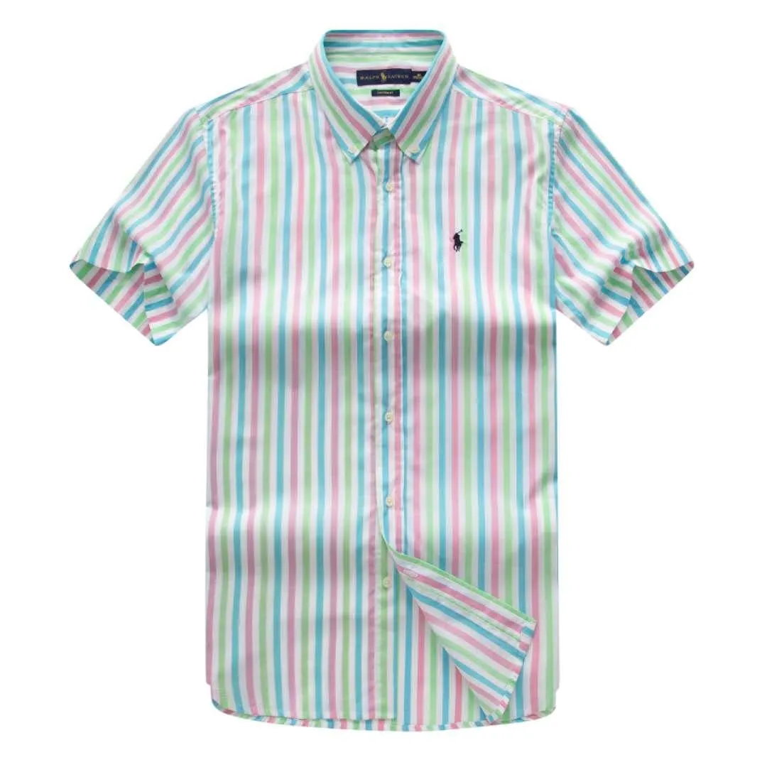 PRL Custom Fit Short Sleeve Colored Striped Cotton Shirt- Green