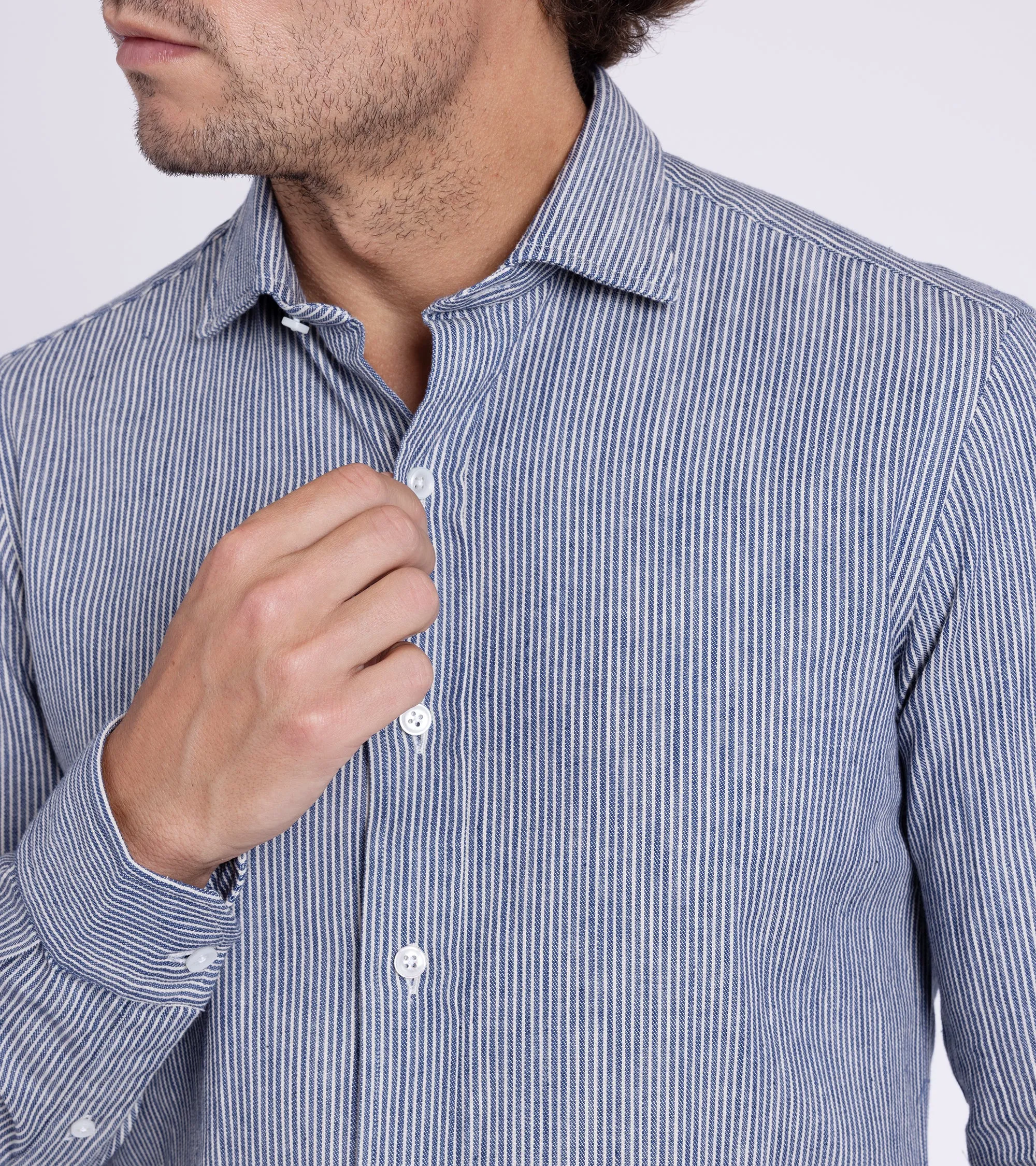 Salvatore Piccolo Selvedge Cotton Striped Shirt: Dark Blue