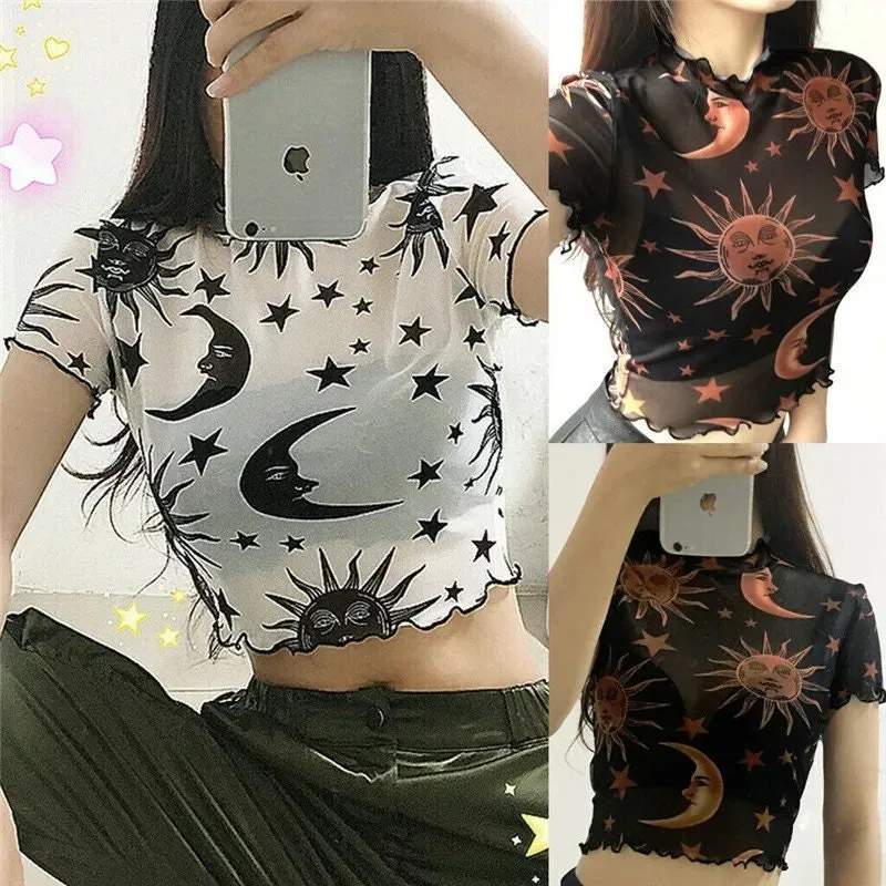 Sheer Mesh Stars sun moon Summer Tops short sleeve shirt funky 90s trendy see through black nude white tan goth witchy alt grunge