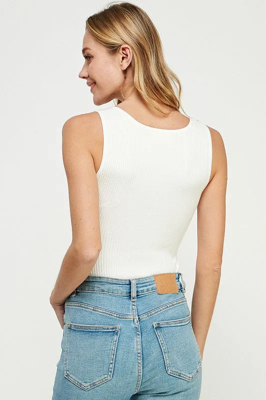 Square Neck Ribbed Bodysuit (White)